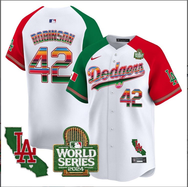 Men MLB Mexico Los Angeles Dodgers #42 Robinson white 2024 World Series Champions Patch Jersey 20241105 style 2->los angeles dodgers->MLB Jersey